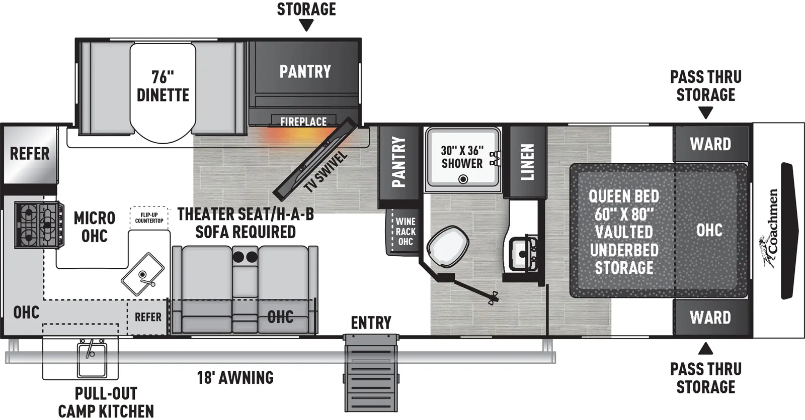 The 274RKS has one slideout and one entry. Exterior features front pass-thru storage, 18 foot awning, off-door side storage, and pull-out camp kitchen with refrigerator and sink. Interior layout front to back: foot-facing queen bed with vaulted underbed storage, overhead cabinet, and wardrobes on either side of bed, and off-door side linen closet; off-door side full bathroom; wine rack and pantry along inner wall; off-door side slideout with entertainment center with swivel television and fireplace and hidden pantry next to a dinette; door side entry and theater seat/hide-a-bed sofa; peninsula kitchen counter with flip-up counter wraps to door side with sink and overhead cabinet, and continues to wrap to rear with microwave, cooktop, and refrigerator.